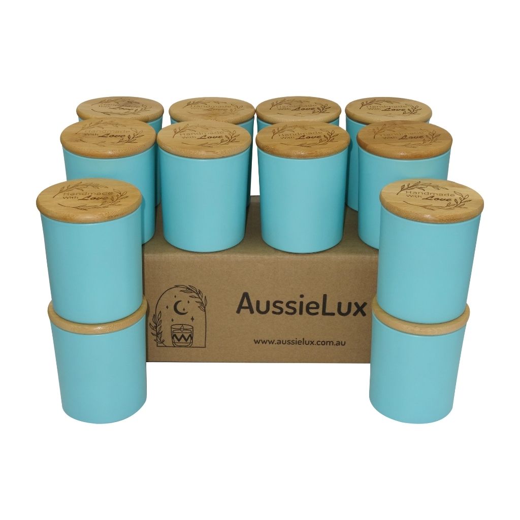 Luxury Glass Candle Jars with Bamboo Lids for Making Candles, Wholesale (12 Jars - Turquoise Colour)