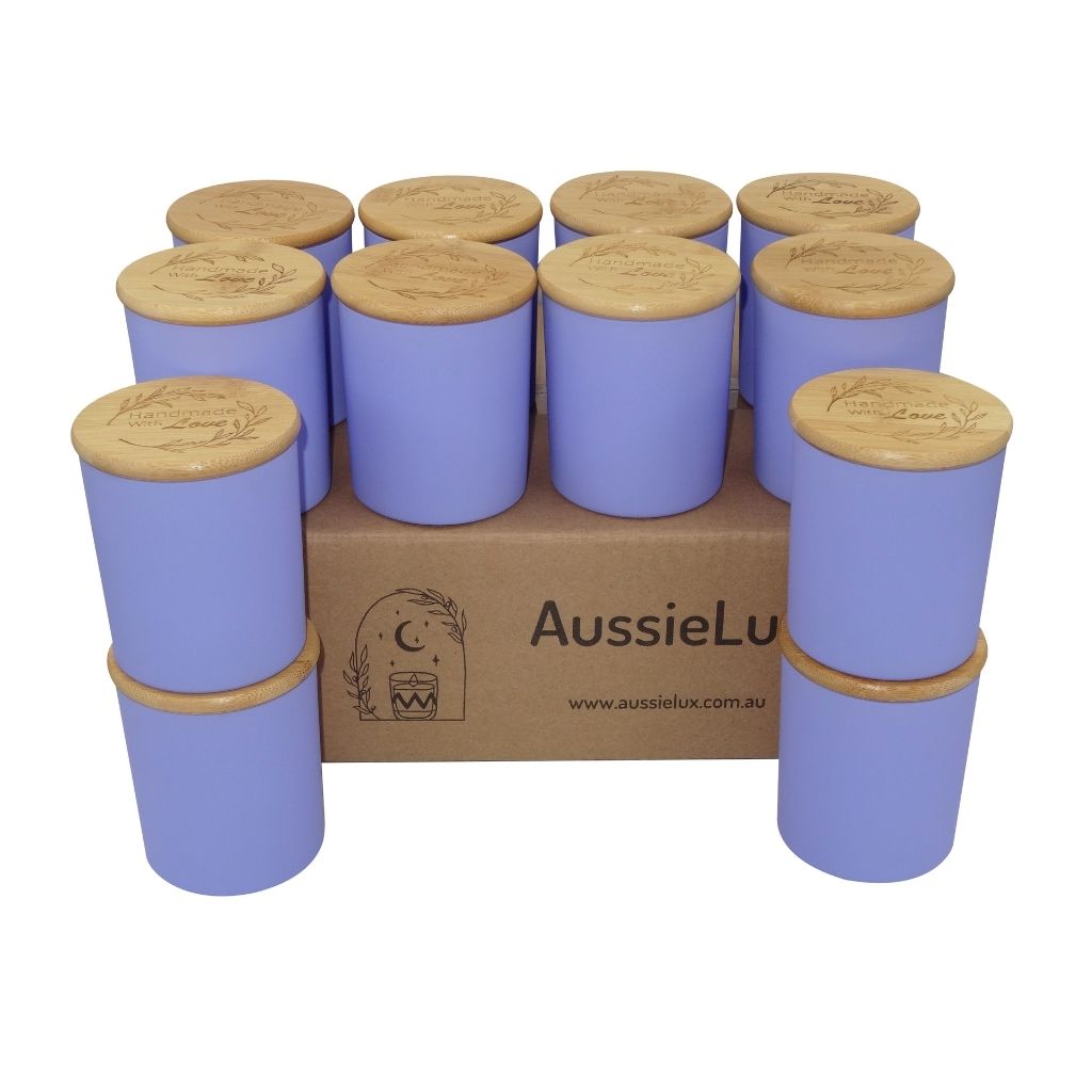 Luxury Glass Candle Jars with Bamboo Lids for Making Candles, Wholesale (12 Jars - Pale Lavender Colour)