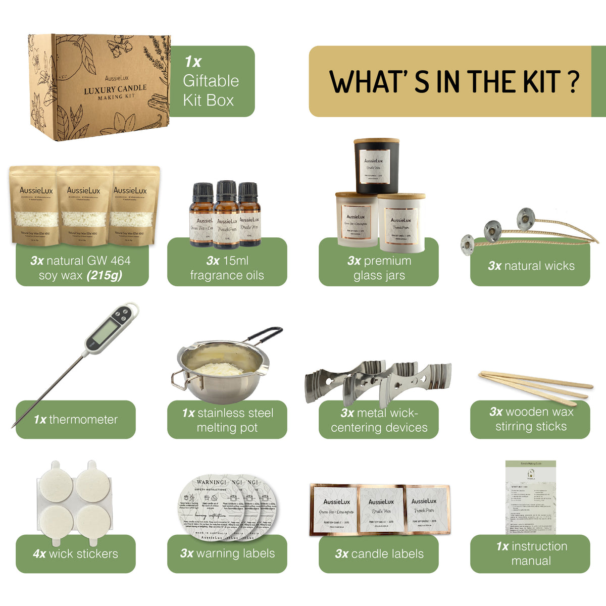 Luxury Soy Candle Making Kit (French Pear, drake men, green tea &amp; lemongrass)