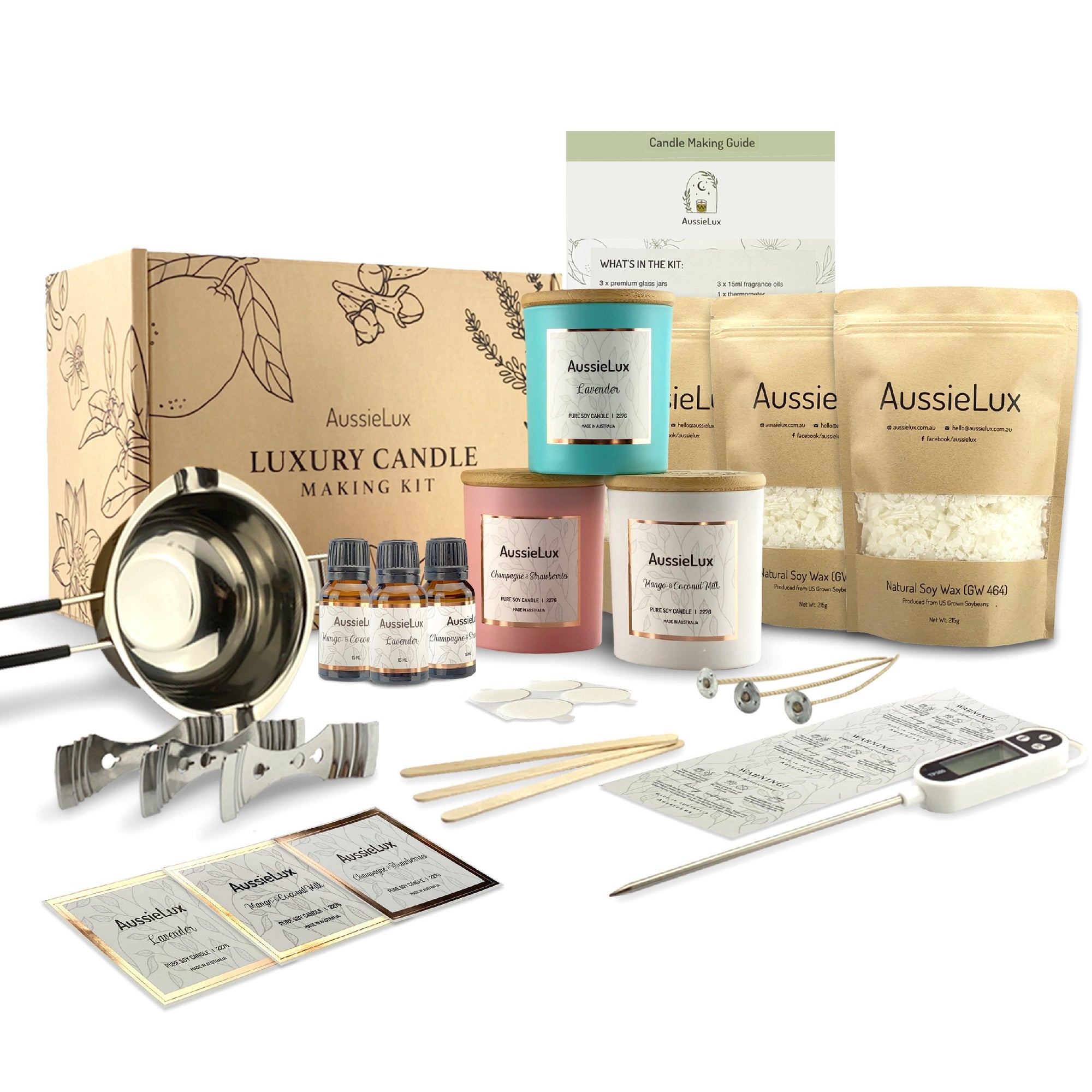 Luxury Soy Candle Making Kit Combo(Lavender, mango & coconut Milk, champagne & strawberry)